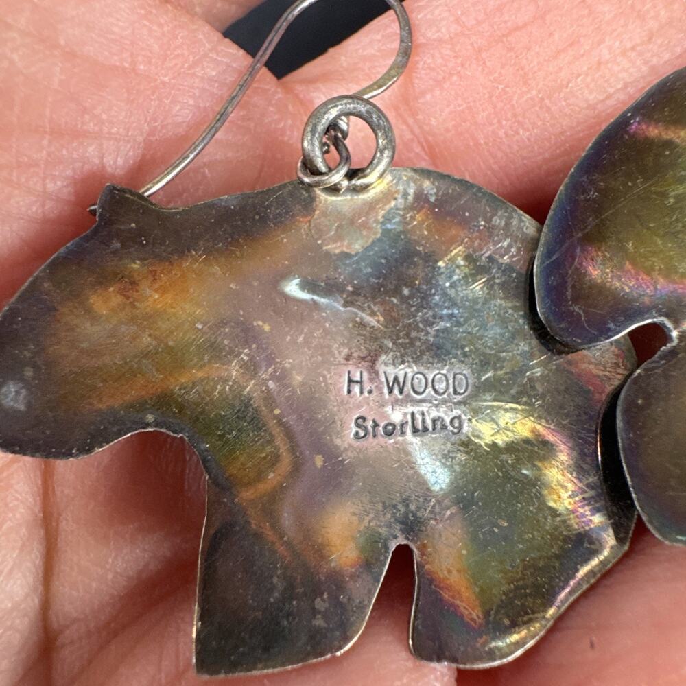 Native American Earrings Sterling Silver Bear Shaped Turquoise Stamped H. Wood - Picture 8 of 12